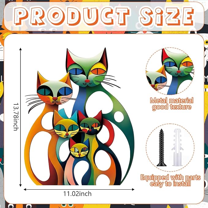 Wesiti Cat Wall Art Metal Sculpture Colorful Mid Century Decor 13.78x11 | Iron Sculpture for Feline Lovers, Retro Design for Living Room Bedroom Office, Vibrant Colorful Home Decoration - Image 2