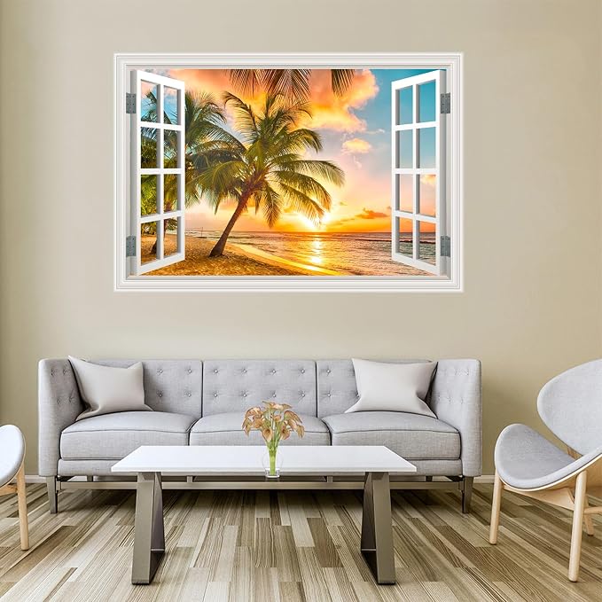 Fake Window Wall Decal- Summer Beach Ocean Coconut Trees Open Art Sticker | Faux Window Natural Scenery Landscape Mural ｜ Stick and Peel Wall Decals｜Room Bedroom Office Decor｜48"x32",Set of 2 Sheets - Image 8