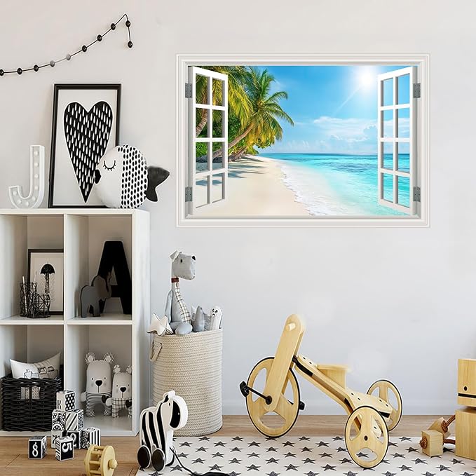 Fake Window Wall Decal- Summer Beach Ocean Tropical Coconut Tree Art Mural | Faux Window Natural Scenery Landscape Sticker｜ Stick and Peel Wall Decals｜Room Bedroom Office Decor｜48"x32",Set of 2 Sheets - Image 7
