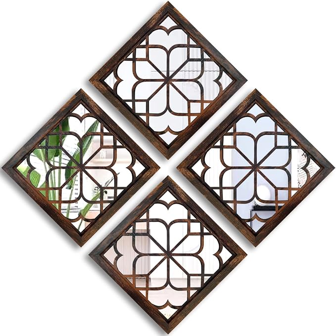 Wocred Set of 4 Mirrors Square Wall Mirror,Gorgeous Rustic Farmhouse Accent Mirror,Caramel Color Entry Mirror for Bathroom Renovation,Bedrooms,Living Rooms and More (12”x12”4pcs) by Wocred