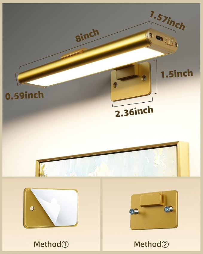EZVALO Picture Light for Wall, Rechargeable 2400mAh Gold Lights Wireless with IR Remote, 3 Color & Dimmable Magnetic 7.87'' LED Lights Display for Painting, Living Room, Gallery, Bedroom Art(3P) - Image 4