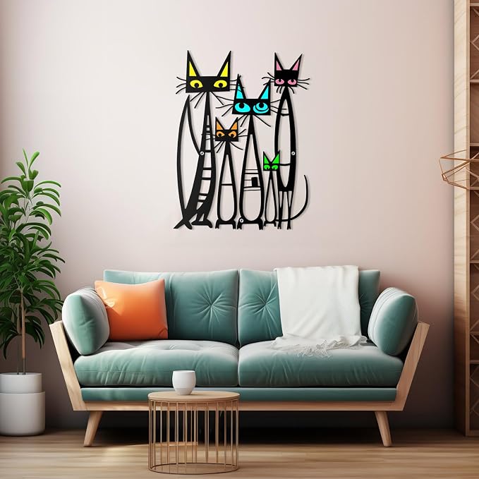 Wesiti Metal Cat Wall Art Decor 10.6x15.7 Inches Colorful Mid Century | Iron Sculpture with 5 Felines, Retro Pictures, Living Room Bedroom Kitchen Decor, Geometric Design, Lover Gift - Image 4