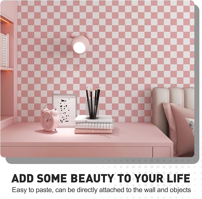 Pink and White Contact Paper Mosaic Checkered Peel and Stick Wallpaper 17.3"x120" Self Adhesive Waterproof Vinyl Roll for Bathroom Kitchen Backsplash Cabinets Shelf Liners Drawers - Image 8