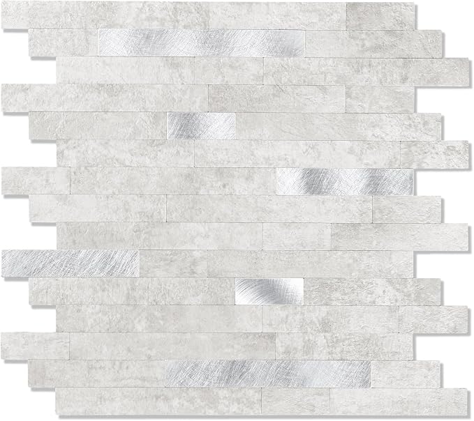 10 - Sheet Peel and Stick Backsplash Wall Tile, PVC Kitchen Backsplash, Stick on Tiles for Backsplash Kitchen (12'' X 12'', White Gray) by Yipscazo