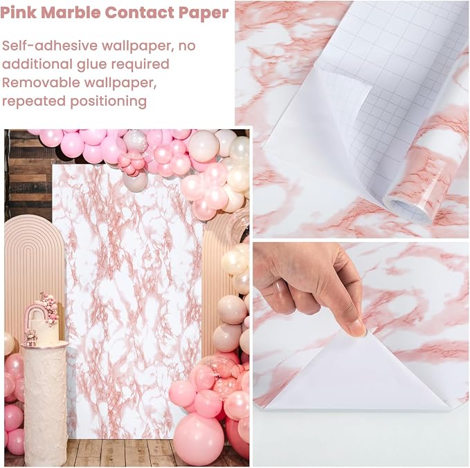 Marble Contact Paper Pink Peel and Stick Wallpaper for Kitchen Countertop | 17.7 in x 393.7 in Marble Granite Self-Adhesive Wallpaper Cabinets Drawer Shelf Wall Crafts Wall Paper Decorations - Image 4