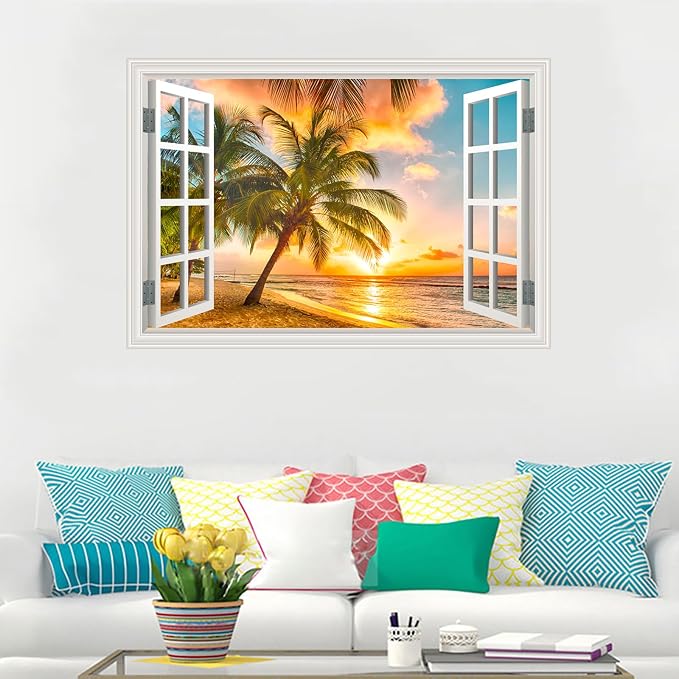 Fake Window Wall Decal- Summer Beach Ocean Coconut Trees Open Art Sticker | Faux Window Natural Scenery Landscape Mural ｜ Stick and Peel Wall Decals｜Room Bedroom Office Decor｜48"x32",Set of 2 Sheets - Image 2