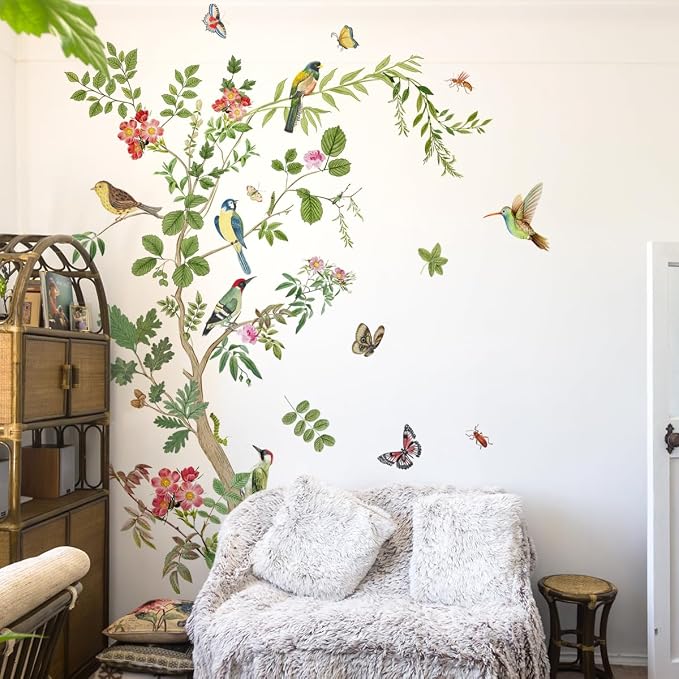 Large Green Tree Wall Decals Floral Tree Branch with Birds Peel and Stick Removable PVC Wall Stickers for Living Room Bedroom Nursery TV Background Home Art Decor - Image 6