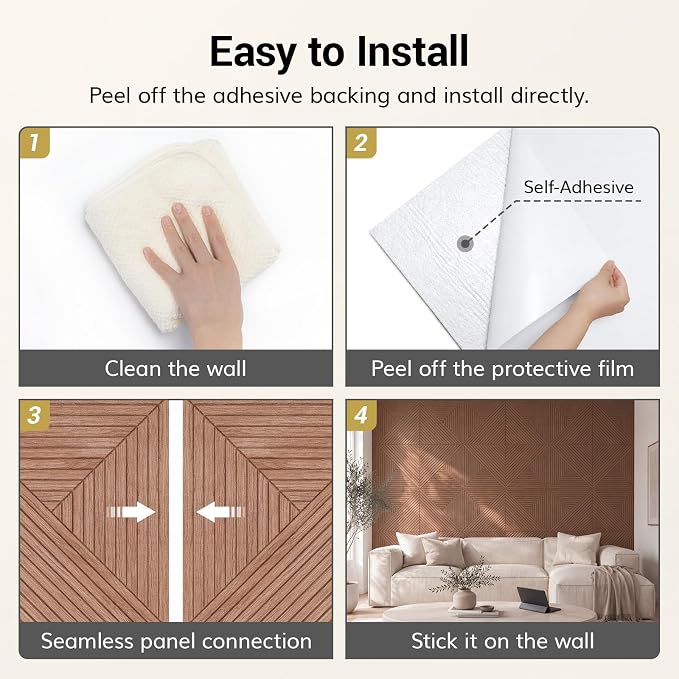 TONOR Acoustic Wall Panels Peel and Stick, 6 Pack 23.6''x23.6''-23.25 sq.ft. High-Density Acoustic Wood Panels Alternative. Soundproof Wall Panels for Interior Wall Decor, Home, Bedroom, Walnut - Image 9