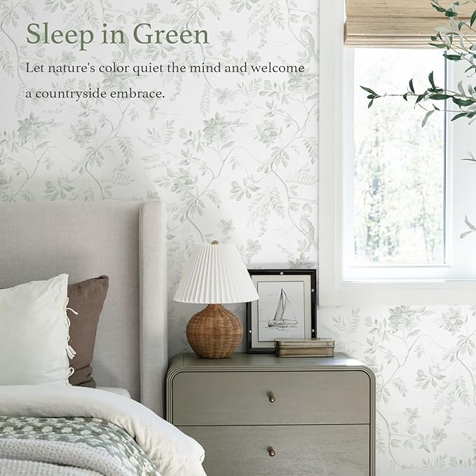 Dimoon 17.3''x197'' Green Peel and Stick Wallpaper Floral Modern Sage Light Green Contact Paper White Bird Wallpaper Removable Renter Friendly Waterproof Embossed Kitchen Bedroom Bathroom Vinyl Roll - Image 2