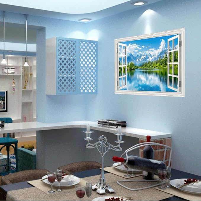 Fake Window Wall Mural Sticker Mountain Lake Forest Tree Faux Window Wall Cling Art Picture Poster Decals Decor, Stick and Peel Landscape Natural Scenery Scene（48"x32",Set of 2 Sheets） - Image 5