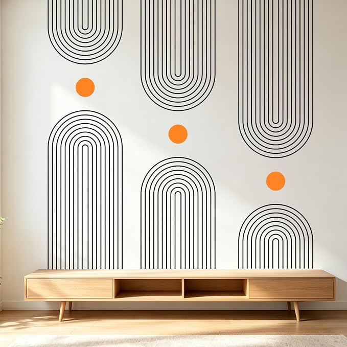 Minimalist Line Arch Orange Dot Boho Removable Wall Decals Decor Stickers | Mid-century modern black abstract geometric peel and stick removable vinyl wall murals art for bedroom living room office - Image 6