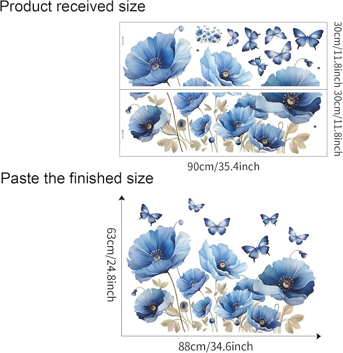 TUOKING Blue Flowers Wall Stickers Removable Butterfly Wall Murals | Peel and Stick Wall Art Decal Home Decor for Kitchen,Bedroom,Living Room(fun-c13) - Image 2