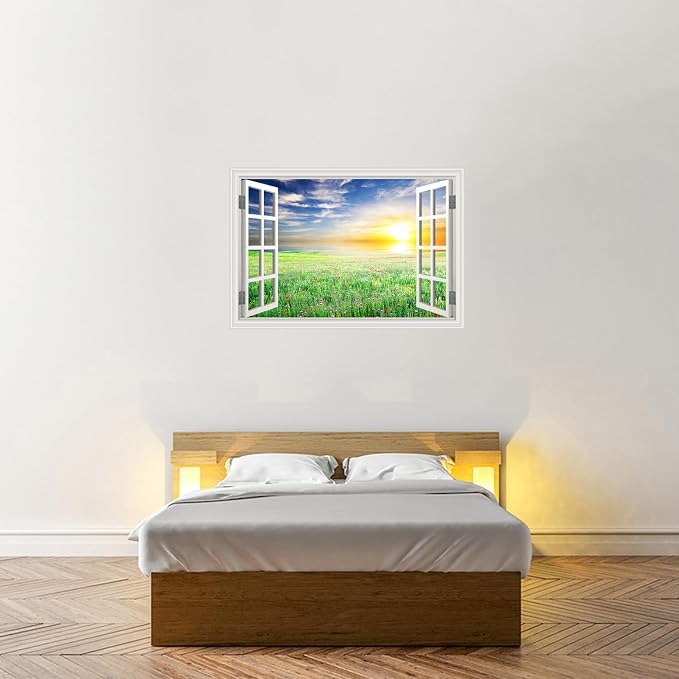 Fake Window Wall Mural Sticker -Summer Green Grassland Open Wall Art Decal | Faux Window Natural Scenery Landscape Decorations｜Stick and Peel Wall Decals｜Room Bedroom Office Decor｜48"x32",Set of 2 Sheet - Image 5