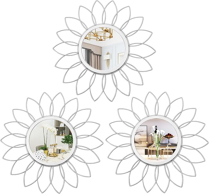 3 Pack Metal Mirrors for Wall Sunburst Wall Mirrors Home Décor Decorative Hanging Wall Art for Living Room Bedroom Entryway (Silver, Flowers) by Uaussi