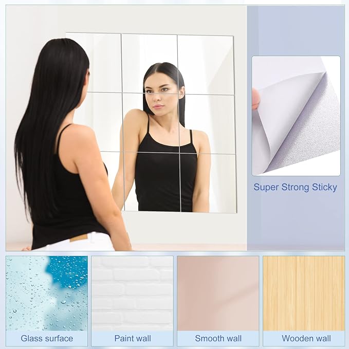 Tuanse 80 Pcs Flexible Plastic Mirror Sheets, Self-Adhesive, Rectangular, 6 x 6 Inch, for Home Decoration - Image 6