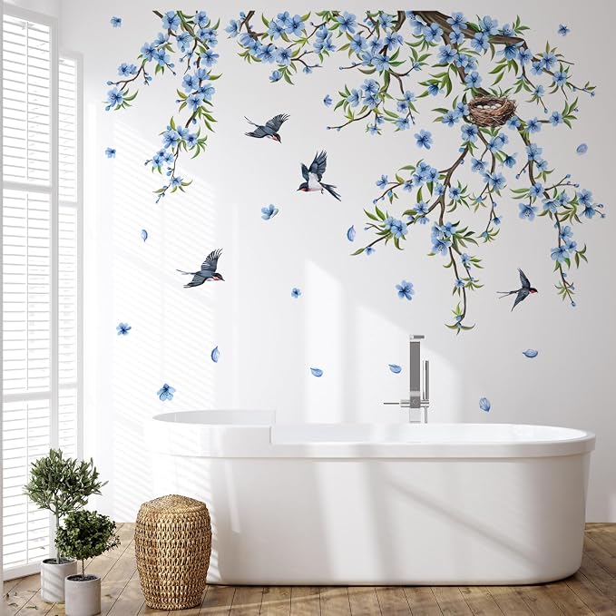 Blue Flower Wall Sticker Large Tree Branch Wall Decal Peel and Stick Floral Bird Wall Art Decor Hanging Flower Vine Wall Sticker for Living Room Bedroom - Image 4