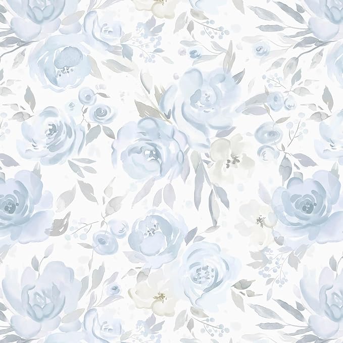 Ismoon Blue Floral Peel Stick Wallpaper Boho Watercolor Stick on Wall Paper | 17.3x393in Light Blue Contact Paper Removable Self Adhesive Vinyl Wallpaper for Bedroom Accent Wall Cabinet Decor by Ismoon