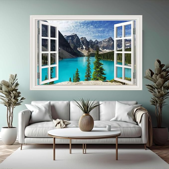 Fake Window Wall Decal- Summer Mountains Lake View Open Sticker Decorations | Faux Window Natural Landscape Art Mural｜Stick and Peel Wall Decals｜for Room Bedroom Office Scene Decor｜24"x16" - Image 7