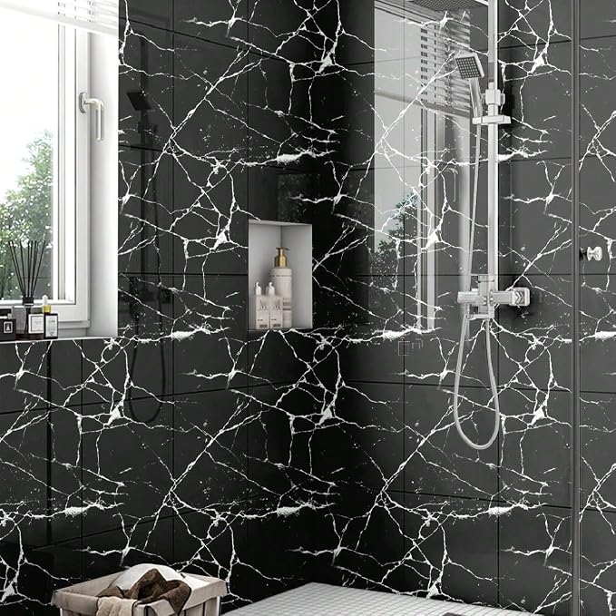 Chejiaye 10pcs Marble Peel and Stick Backsplash Waterproof Washroom Wall Panels, Peel and Stick Tile, PVC Wall Panels for Kitchen (Black Marble Tiles, 11.8" x 11.8" x2.5MM x 10Pack) - Image 3