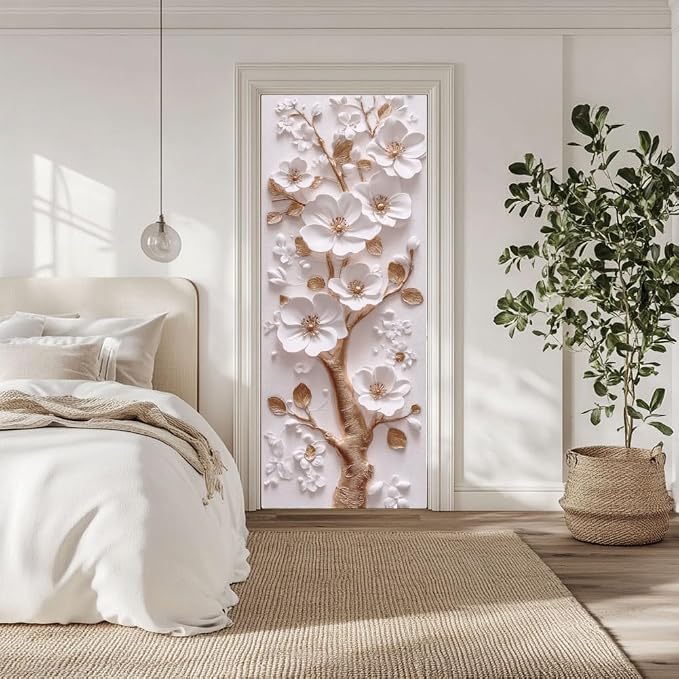 arricraft 2 Pcs Self-Adhesive Door Sticker, 31.5"x78.7" 3D Flower and Golden Branch Door Murals Stickers PVC Removable Wallpaper Decoration for Bedrooms ​Living Room by ARRICRAFT