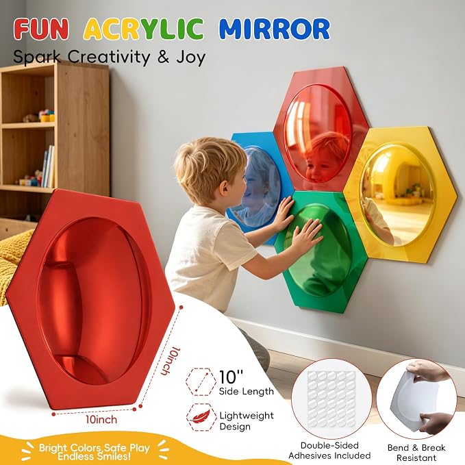 4 Pcs Honeycomb Hexagon Acrylic Sensory Bubble Mirrors for Wall, DIY Combinable Sensory Panel, Colorful Toys for Playroom & Calming Corner Supplies (Red, Yellow, Green, Blue) - Image 2