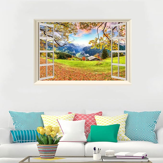 Fake Window Wall Decal- Fall Mountain Tree Grassy Hills Open Wall Sticker | Faux Window Autumn Mountain Rustic Hut Natural Landscape Mural｜Stick and Peel Wall Decals｜Room Decor｜48"x32",Set of 2 Sheets - Image 2