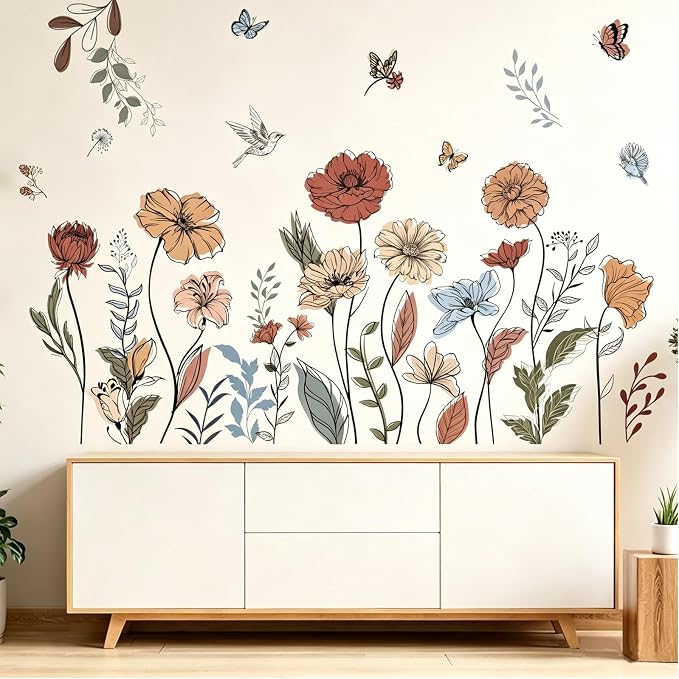 Boho Wildflower Wall Stickers Peel and Stick Floral Wall Decals for Girls Bedroom Living Room Nursery & TV Wall Decor - Image 5