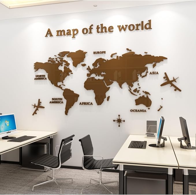 WINDIR 3D World Map Wall Stickers Decor Murals DIY Decal Brown 47x24 inch, Acrylic Office Wall Art Decor Bedroom Living Room TV wall (Brown: 120x60 cm) Medium - Image 6