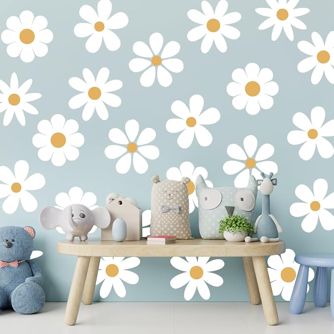 TaoBary 12 Sheet Daisy Wall Sticker Decal,White, Yellow,Novelty Style | Big Flower Wall Sticker, Pink White Floral Decal, Daisy Bedroom Room Decor, Removable Peel and Stick, Nursery Home Wall Decor - Image 5