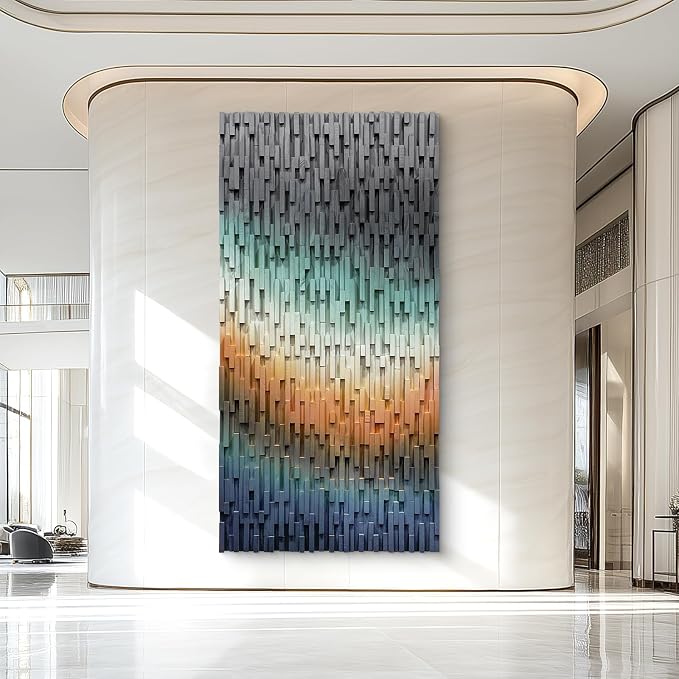 LIUZEYUE Large-Scale Wood Wall Art Featuring Architectural Wood Strips | abstract wall art; cool gray and amber, organic wood grain; executive suite feature-wall statement; 35.4 x 70.9 in by Unknown