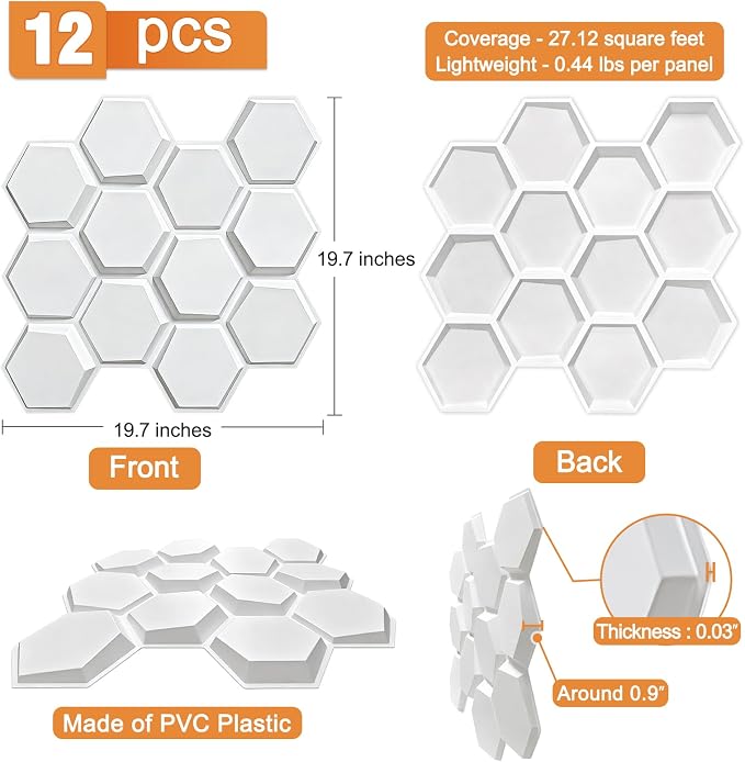 TroyStudio Hexagon Acoustic Sound Diffuser Panels, 19.7 X 19.7 X 0.9 inches 12 Pcs White PVC Plastic 3D Wall Panel, Recording Studio Acoustical Treatment Diffusion panel, Art Decorative Ceiling Tiles - Image 2