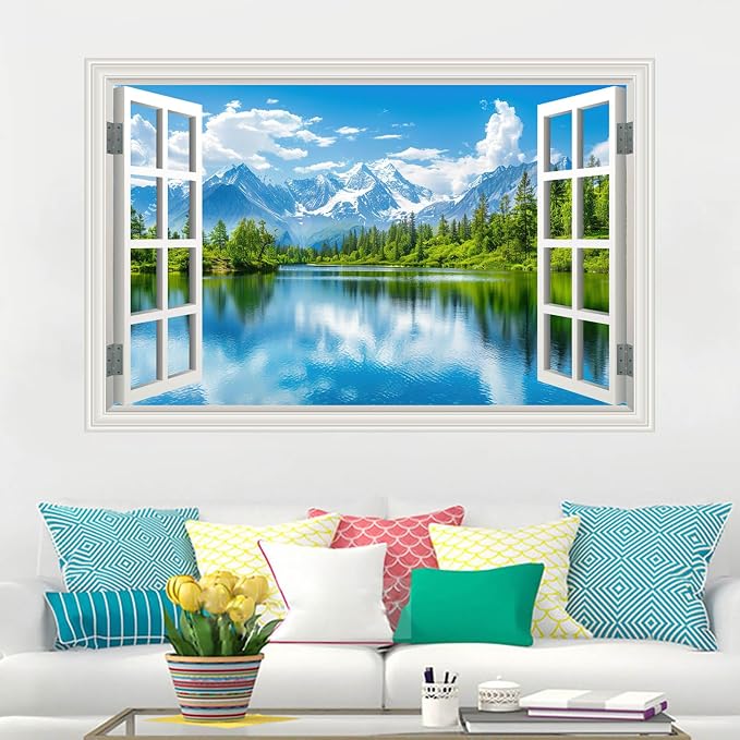 Fake Window Wall Decal Snow Mountain Lake Forest Wall Sticker Faux Window Poster Picture Open Wall Art Decor, Stick and Peel Landscape Natural Scenery Canvas Scene Mural,16"x24" - Image 2