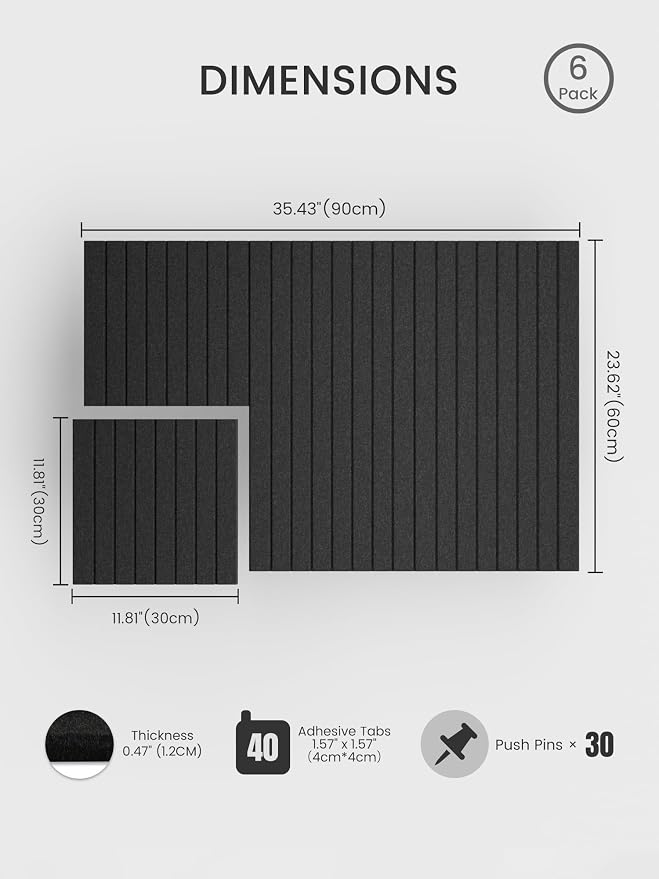 Bumusty 36"x 24" Large Felt Bulletin Board Tiles,Black | 6-Pack Cork Board Alternative, Wall Decor, 30 Pushpins, 30 Adhesive Tabs, Vision Board, Office, Classroom, Home, Dorm - Image 2