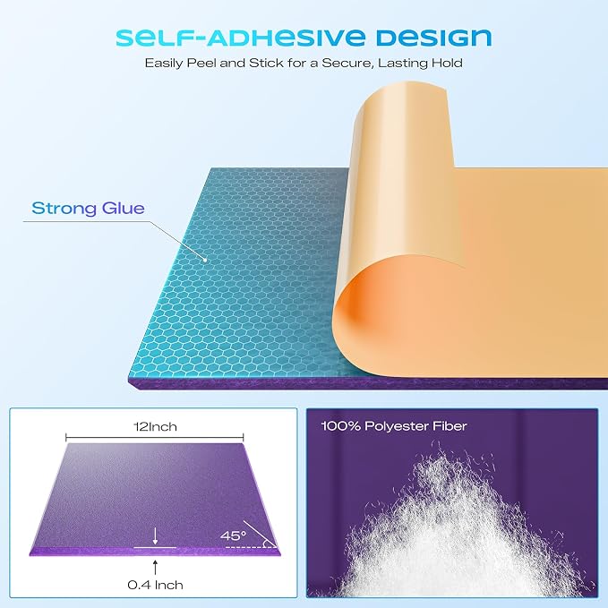 12 Pack Self-Adhesive Acoustic Panels, 12" X 12" X 0.4" High-Density Sound Proof Foam Panels for Walls, Soundproof Wall Panels for Home & Office (Purple) - Image 2
