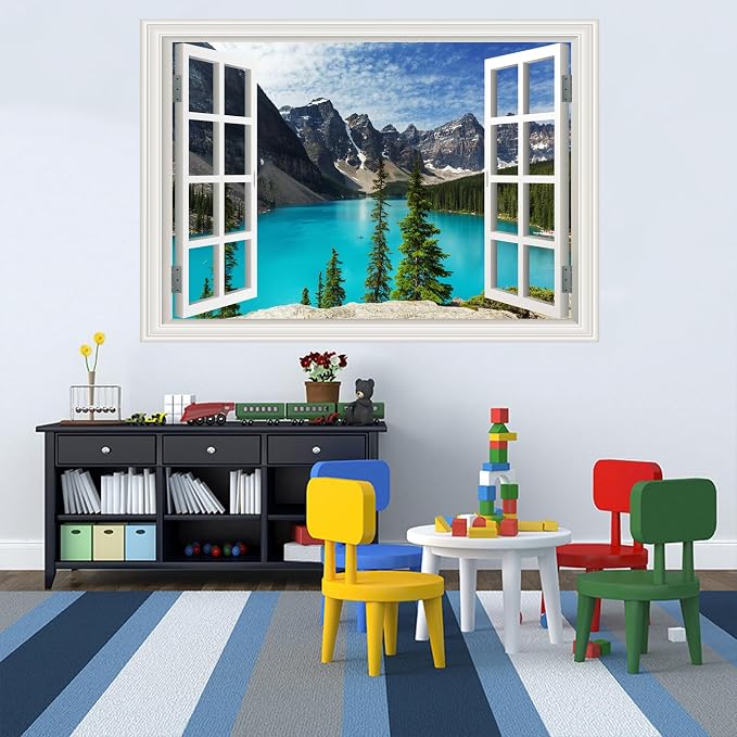 Large Murals Fake Window Wall Decal Summer Mountains Lake View Open Sticker | Faux Window Natural Scenery Landscape Mural｜ Stick and Peel Wall Decals｜for Room Bedroom Office Decor｜66"x48" - Image 5