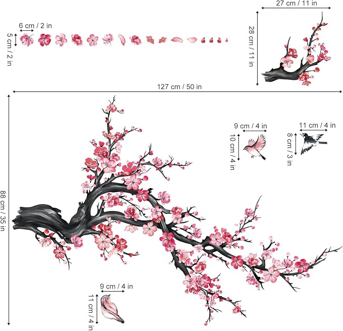 decalmile Pink Flower Branch Blossom Floral Tree Wall Decals Stickers - Image 5