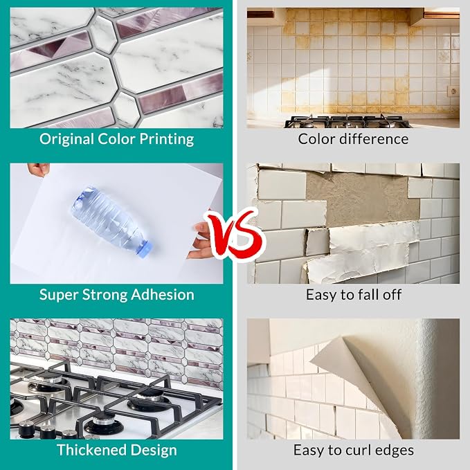 Joysticky 10-Sheet Peel and Stick Backsplash, 12" * 12" Crystal Texture Stick on Tiles Backsplash for Kitchen & Bathroom，Thicker Design Peel and Stick Wall Tiles（Stone-Patterned） - Image 2