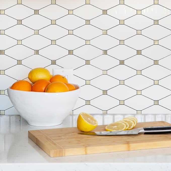 STICKGOO 1 Sheet Peel and Stick Backsplash, Pure White Marble Look PVC Mixed Metal Gold Kitchen Backsplash, Stick on Backsplash Wall Tiles for Kitchen, Bathroom, RV - Image 7