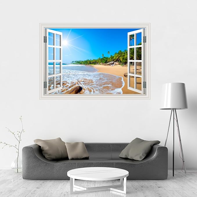 Fake Window Wall Decal- Summer Beach Seascape Coast Open Wall Art Sticker | Faux Window Tropical Ocean Natural Landscape Mural｜ Stick and Peel Wall Decals｜for Room Office Decor｜48"x32",Set of 2 Sheets - Image 8