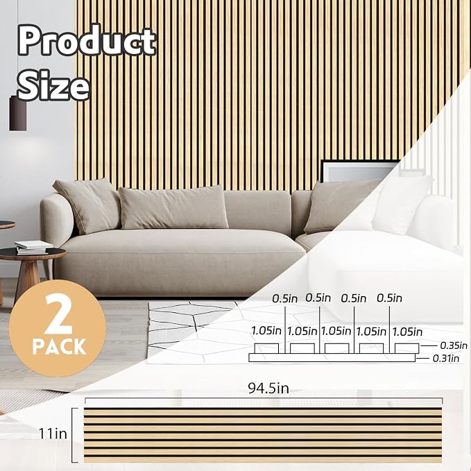 Ritollo Wood Panels for Wall and Ceiling, Acoustic Wood Wall Panels for Interior Wall Decor, 3D Slat Wall Panel/Fluted Sound Absorbing Panel (Oak, 94.5×11 (2 PCS)) - Image 2