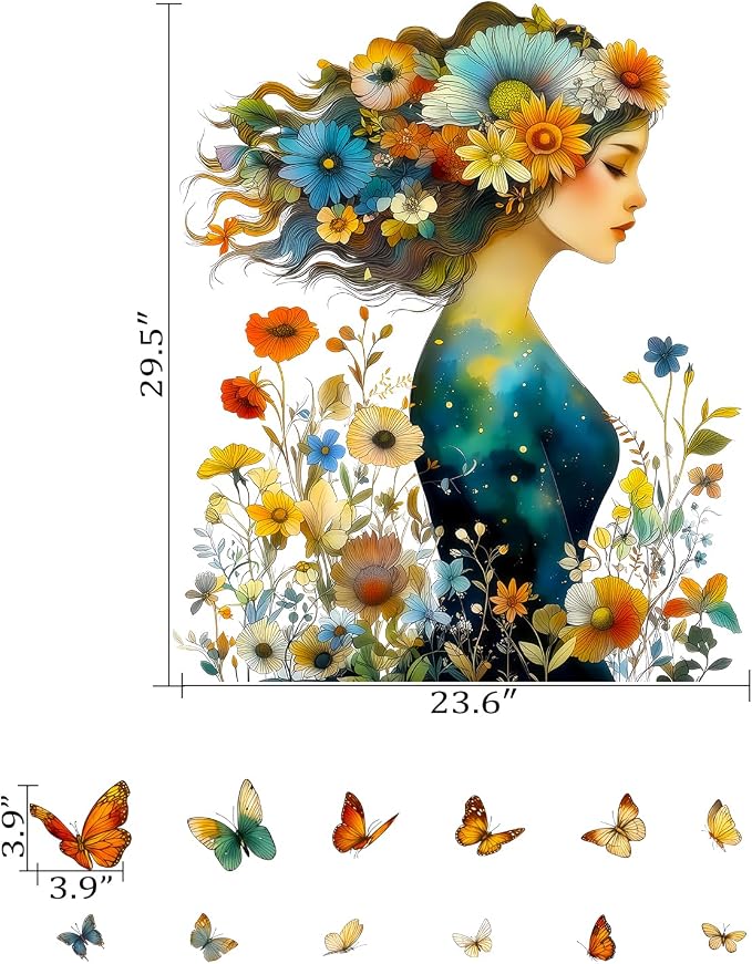 Woman Floral Flower Wall Decals, Boho Botanical Butterfly Wall Stickers | Whimsical botanical colorful butterflies peel and stick wall decor, removable vinyl wall art mural for bedroom living room - Image 2
