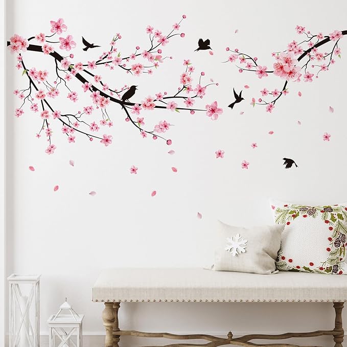 Zonon 6 Pcs Flower Wall Decals Peel and Stick Sticker, Cherry Blossoms | Vinyl Removable Wall Stickers & Murals, Pink Cherry Blossoms Wall Decals, Colorful Floral Decor for Bedroom, Living Room by Zonon