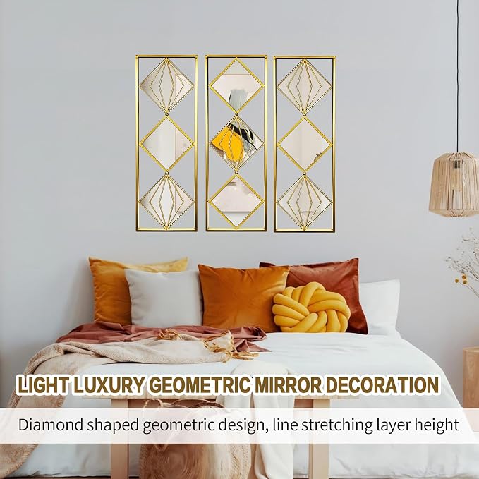 Set of 3 Large Gold wall Mirror Decor, Gold Rust Resistant Metal Frame Decorative Mirror, Rectangula Layout Wall Mount Mirror for Living Room Bedroom Entryway, Dual Use Decor Grooming - Image 9