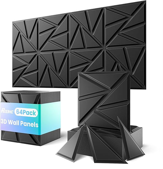 ROOME 12"x12" 3D Wall Panels, Cuttable and DIY-Friendly Upgraded uPVC Fire-Resistant Wall Panels, Modern Decorative Wall Art Panels for Living Room, Lobby, Office, Game Room, Black, 64-Pack by ROOME