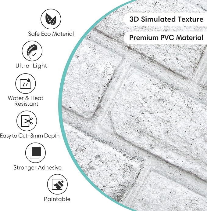 Commomy Faux Brick Wall Panels Peel and Stick Thin PVC 10 Pcs 11.8" x 11.8" | Small Size Thin PVC Quick Grey Spots White Brick Wall Covering Home Decor for Fireplace,Home Office (Covers 9.7 sq.ft) - Image 3