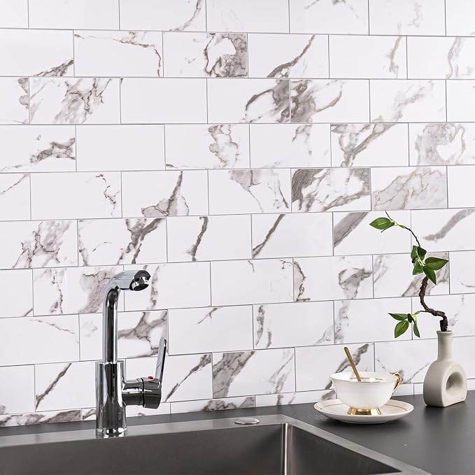 StyloVue 100 Pieces Peel and Stick Backsplash for Kitchen, 3" x 6" PVC Subway Tile 2026 Upgraded White Marble with Gold Accent Backsplash Stick on Tile Elevate Kitchen Fireplace RV - Image 6