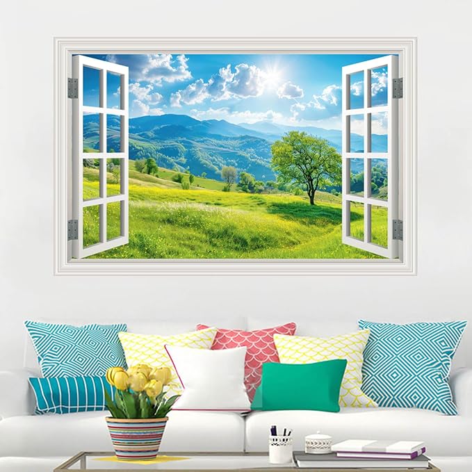 Fake Window Wall Sticker Summer Mountain Grassland Green Forest Tree Faux Window Poster Decal Picture Open Wall Art Decor, Stick and Peel Landscape Natural Scenery Sunshine Scene Mural,16"x24" - Image 4