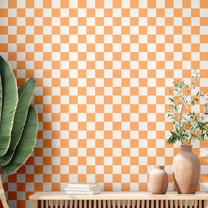 Drydiet Orange Checkered Peel and Stick Wallpaper 15.75'' X 197" | Plaid Funky Checkered Contact Paper, Waterproof Contact Wallpaper, Vintage Gingham Decor for Room Bathroom Cabinet, Trendy by Drydiet