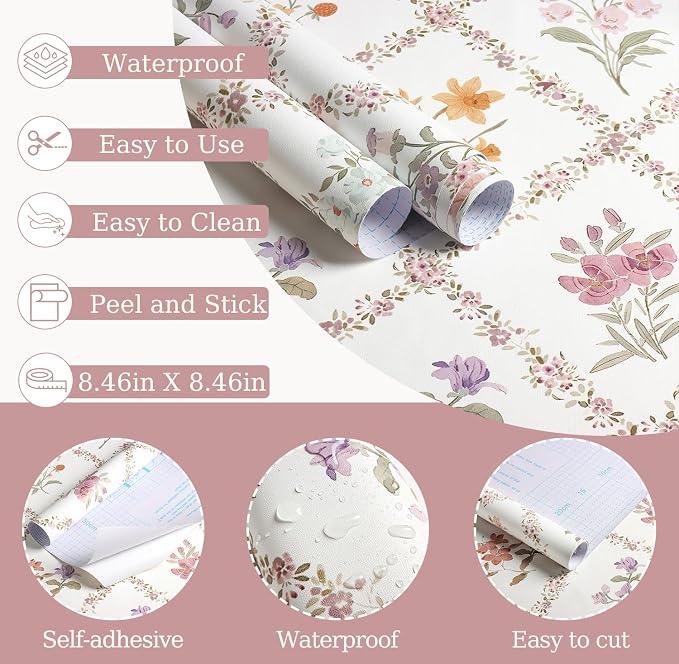 16.9in x118in Red Floral Peel and Stick Wallpaper Watercolor Floral Leaf | Boho Self Adhesive Wallpaper Modern Trellis Contact Paper DIY Removable Wallpaper for Bedroom Cabinets Drawers Decor Vinyl - Image 5