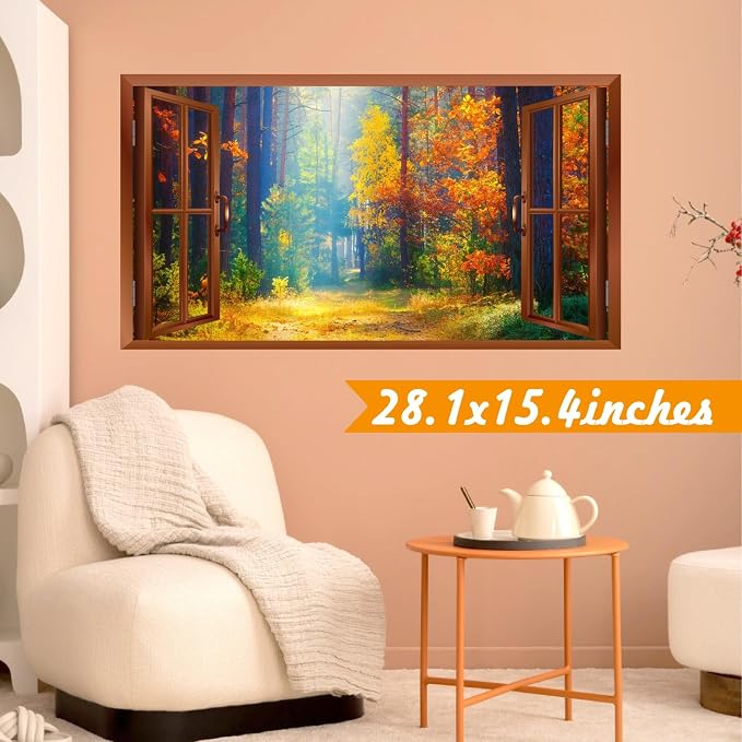 Fall Wall Stickers 3D Fake Windows Forest Trees Wall Decals Peel and Stick | Removable Fall Trees Landscape Faux Window Stickers, Thanksgiving Day Art Murals, for Bedroom Living Room Office Decoration - Image 6